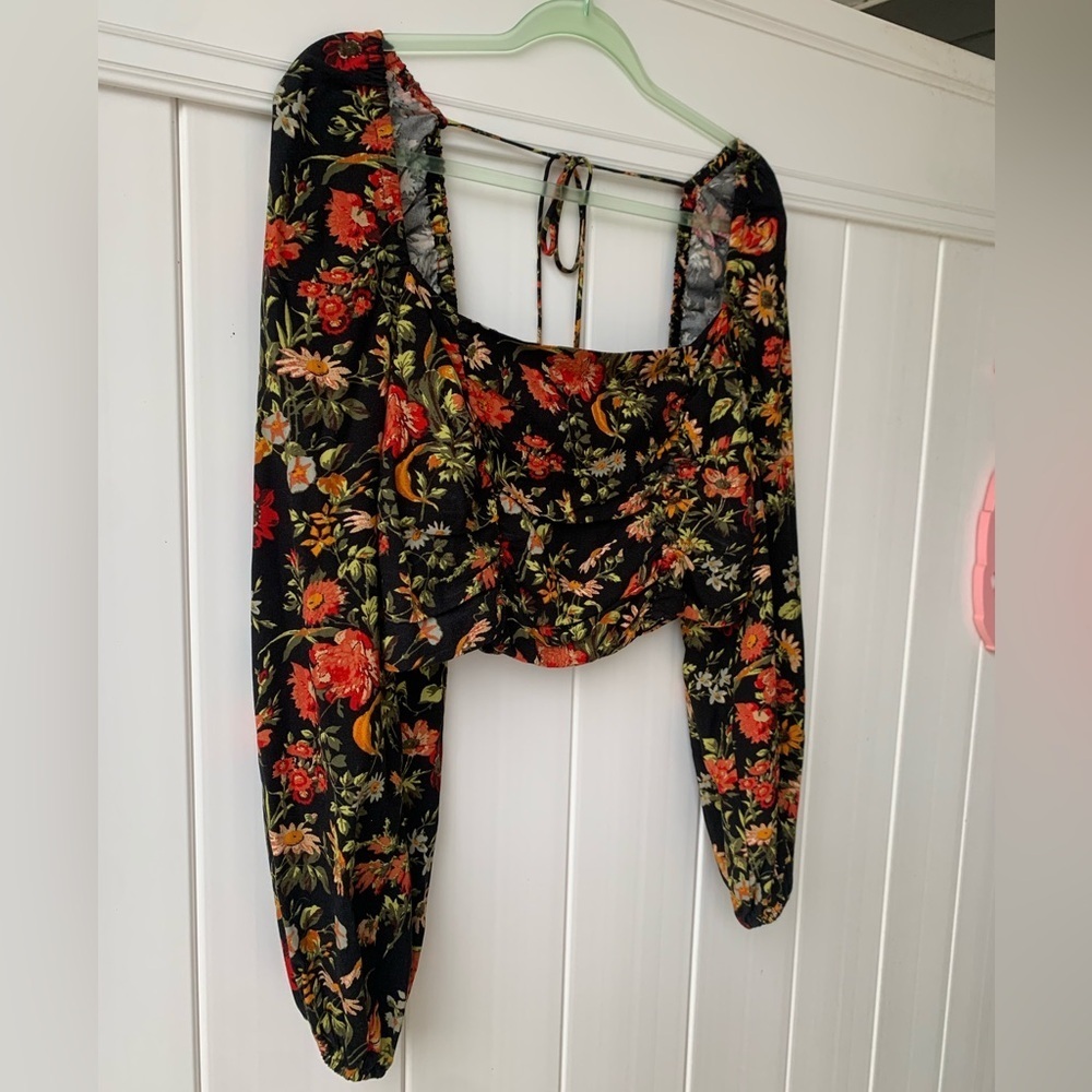 Urban Outfitters Square Neck Long Sleeve Off Shoulder Floral Open Back Black L - Picture 4 of 9